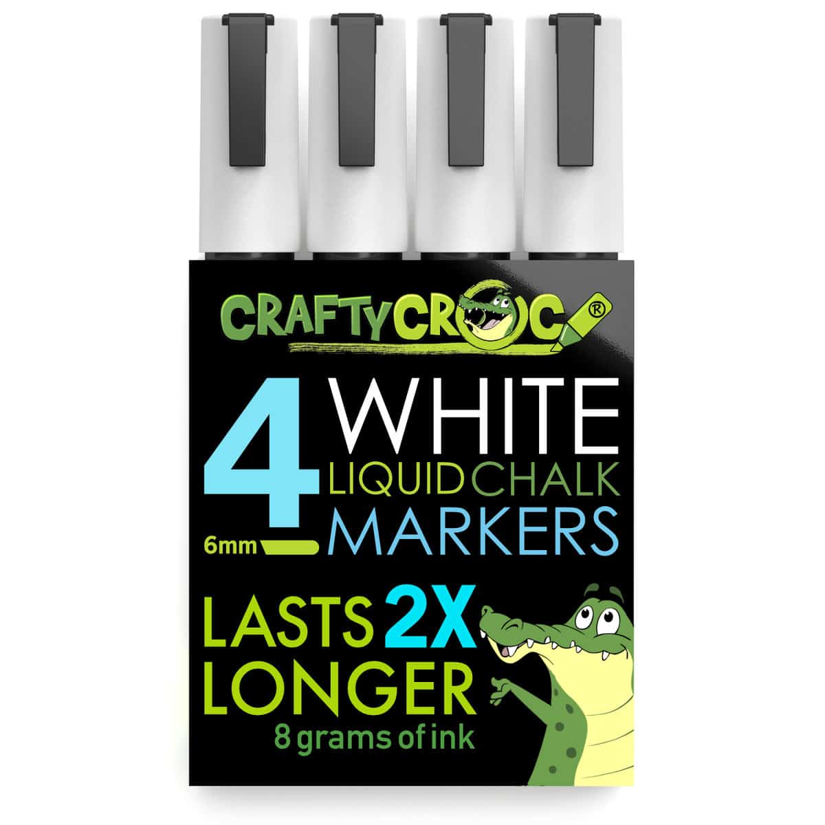 Crafty Croc 4 White Liquid Chalk Markers, 6mm Reversible Tip